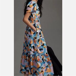 Anthropologie Blue and Orange Midi Dress